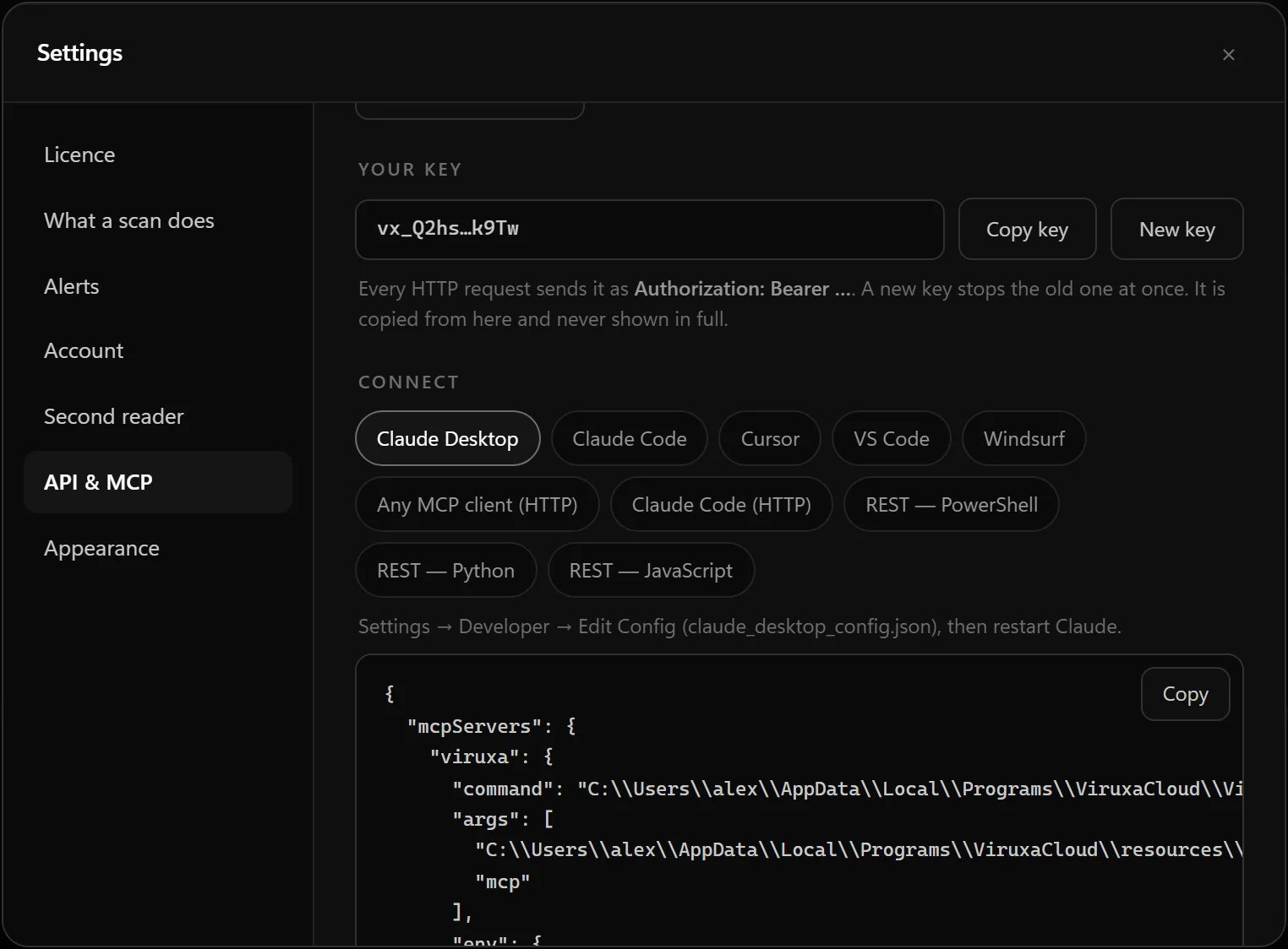 Settings, API and MCP: the key shown as a hint with Copy and New key, and connection snippets for Claude Desktop, Claude Code, Cursor, VS Code, Windsurf, any MCP client and REST.
