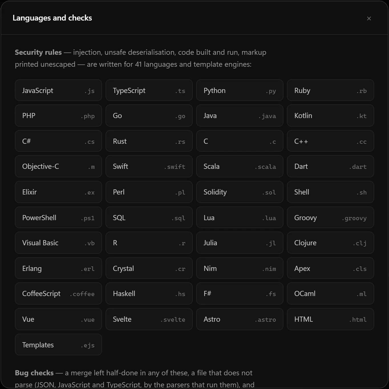 The Languages and checks sheet in Viruxa Studio, listing the languages its security rules read, from JavaScript and Python to Solidity, Vue and Svelte.
