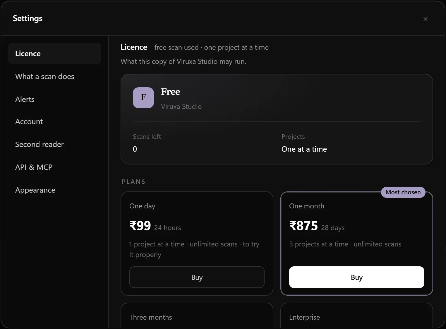 The plans inside Viruxa Studio: One day, One month (most chosen), Three months and Enterprise, each with a Buy button.